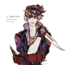 1boy bandana blonde_hair dagger dual_wielding final_fantasy final_fantasy_vi fingerless_gloves gauntlets gloves green_eyes high_collar highres holding holding_dagger holding_knife holding_weapon jacket knife locke_cole oju_(ouka) short_hair single_fingerless_glove single_gauntlet smile weapon