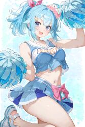 1girl :d absurdres blue_eyes blue_hair blue_skirt cheerleader hair_ornament hair_ribbon hairclip haiyi highres holding holding_pom_poms looking_at_viewer medium5 midriff navel open_mouth pink_ribbon pom_pom_(cheerleading) pom_poms ponytail raiden_(kdsn3783) ribbon sailor_collar shoes short_hair skirt smile solo standing standing_on_one_leg star_(symbol) star_hair_ornament synthesizer_v thighs white_sailor_collar white_shoes