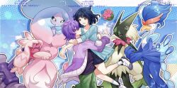 &gt;_&lt; ... 2girls 4others anger_vein blue_background blue_eyes blue_hair creatures_(company) dot_(pokemon) eye_contact furry game_freak gen_8_pokemon hammer hatterene highres hug jealous lifting_person liko_(pokemon) looking_at_another medium_hair meowscarada multiple_girls multiple_others nintendo open_mouth pants pokemon pokemon_(anime) pokemon_horizons polka_dot polka_dot_background purple_eyes purple_hair quaquaval shirt shoes short_hair simple_background smile spoken_ellipsis suzie_rin sweatdrop tinkaton vest yuri