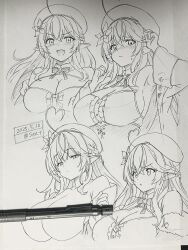 Rule 34 | 1girl, ahoge, armpits, beret, blush, braid, breasts, breasts out, cleavage, convenient censoring, dated, fang, flower, graphite (medium), hair flower, hair ornament, hat, heart, heart ahoge, highres, hololive, large breasts, long hair, mechanical pencil, pencil, pointy ears, seo tatsuya, skin fang, traditional media, virtual youtuber, yukihana lamy, yukihana lamy (1st costume)
