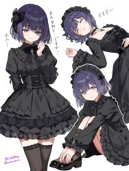 1girl ankle_socks artist_name black_bow black_bowtie black_choker black_dress black_hairband black_ribbon black_shoes black_socks black_thighhighs blue_eyes blue_hair bow bowtie choker closed_eyes closed_mouth commentary_request cross cross_necklace dress frilled_dress frilled_hairband frilled_shirt_collar frilled_sleeves frills gakuen_idolmaster gothic_lolita hairband hataya_misuzu highres hoshinopurin idolmaster jewelry juliet_sleeves knees_up lolita_fashion long_sleeves looking_at_viewer lying mole mole_under_mouth multiple_views necklace on_back partially_shaded_face puffy_long_sleeves puffy_sleeves ribbon shoes short_hair simple_background sitting sleeping smile socks thighhighs thighs translation_request twitter_username white_background zettai_ryouiki zzz