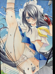 1girl absurdres antenna_hair black_hair blue_sailor_collar blue_skirt blue_sky blush bow bow_panties breasts cameltoe clenched_hand commentary_request covered_erect_nipples crop_top cropped_shirt crotch_seam day destruction eyebrows_hidden_by_hair feet_out_of_frame fingerless_gloves giant giantess gloves grey_eyes hair_over_one_eye hand_up high_kick highres ikkitousen kae_(bluebluebluebelly) kan&#039;u_unchou kicking large_breasts long_bangs long_hair looking_at_viewer marker_(medium) microskirt midriff mons_pubis navel neckerchief no_bra one_eye_covered outdoors panties parted_lips pleated_skirt power_lines red_gloves sailor_collar school_uniform serafuku serious shirt short_sleeves skirt sky socks solo traditional_media underwear upskirt v-shaped_eyebrows white_panties white_shirt white_socks yellow_neckerchief