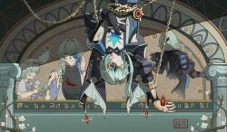 1boy :d absurdres age_progression aged_down anaxa_(honkai:_star_rail) ancient_greek_clothes aqua_hair black_cape black_gloves black_shirt blood blood_on_clothes blood_on_face blood_on_hands blue_coat blue_eyes bracelet cape chain child chinese_commentary chiton closed_eyes closed_mouth coat column coreflame_(honkai:_star_rail) crystal_earrings cuts deep_wound detached_sleeves disembodied_hand disintegration dromas_(honkai:_star_rail) earrings eyepatch facing_viewer flower gloves greco-roman_clothes hair_between_eyes hand_on_another&#039;s_cheek hand_on_another&#039;s_face hand_on_another&#039;s_hand hand_on_own_chest hanging headpat highres holding holding_stuffed_toy hollow_body honkai:_star_rail honkai_(series) injury jewelry kkkkkk202357 long_hair long_sleeves looking_at_viewer low_ponytail male_focus missing_eye multiple_rings multiple_views one-eyed one_eye_covered open_mouth outstretched_arm outstretched_arms palms_together parted_lips partially_fingerless_gloves pillar plant ponytail ring shade shirt single_earring single_glove sleeveless sleeveless_coat sleeveless_shirt smile solo spoilers spread_arms stuffed_toy transparent upper_body upside-down vines white_flower white_shirt