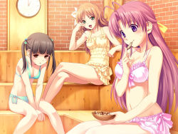 10s 3girls aoi_matsuri bikini bow bra brown_eyes brown_hair casual_one-piece_swimsuit clock dressing eating frilled_bikini frills game_cg green_bikini green_eyes hair_bobbles hair_bow hair_ornament hair_ribbon half_updo hand_on_own_cheek hand_on_own_face highres hinata_hanabi koutaro lingerie long_hair minazuki_izumi multiple_girls one-piece_swimsuit pink_bikini pink_hair ribbon sauna side-tie_bikini_bottom sitting suzukaze_hotaru sweat swimsuit tropical_kiss underwear yellow_one-piece_swimsuit
