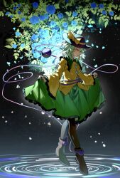Rule 34 | 1girl, absurdres, ankle boots, black boots, black hat, blouse, blue flower, blue rose, boots, bow, breasts, buttons, chinese commentary, closed eyes, collared shirt, commentary, contrast collar, dark background, diamond button, falling petals, flower, frilled shirt collar, frilled skirt, frilled sleeves, frills, full body, green hair, green skirt, hat, hat bow, heart, highres, komeiji koishi, leaf, long sleeves, maisuiren, parted lips, petals, ripples, rose, rose petals, shirt, short hair, skirt, skirt hold, small breasts, solo, tiptoes, touhou, wide sleeves, yellow bow, yellow shirt