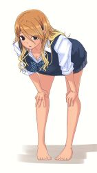 Rule 34 | 1girl, bare legs, barefoot, bent over, black eyes, blonde hair, blue ribbon, bow, bowtie, breasts, brown hair, cleavage, collarbone, collared shirt, dark-skinned female, dark skin, ear piercing, gradient hair, gyaru, hands on own knees, highres, idolmaster, idolmaster shiny colors, ito (itokayu), izumi mei, large breasts, long hair, looking at viewer, loose bowtie, miniskirt, multicolored hair, open mouth, piercing, plaid bow, plaid bowtie, plaid clothes, pleated skirt, ribbon, school uniform, shirt, simple background, skirt, sleeves rolled up, solo, sweater vest, toes, white background