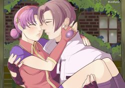 1boy 1girl asamiya_athena brown_hair carrying carrying_person charlyarts fingerless_gloves gloves hair_ornament highres idol jacket kiss kusanagi_kyou psycho_soldier purple_hair snk star_(symbol) star_hair_ornament the_king_of_fighters white_jacket