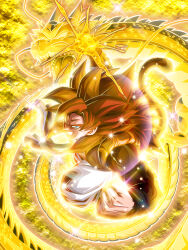 Rule 34 | 1boy, aura, blue eyes, brown fur, dokkan battle, dragon ball, dragon ball gt, dragon fist, dragon fist (dragon ball), gogeta, looking at viewer, muscular, muscular male, official art, red hair, serious, solo, sparkle, sparkling aura, super saiyan, super saiyan 4, tail