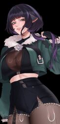 1girl :d animal_ears black_background black_pantyhose black_skirt breasts cleavage fif_228 fur-trimmed_jacket fur_trim green_eyes green_jacket grin hashtag-only_commentary jacket jane_doe_(zenless_zone_zero) large_breasts lips long_hair midriff open_mouth pantyhose purple_hair simple_background skirt smile solo teeth zenless_zone_zero