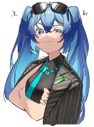 Rule 34 | 1girl, black jacket, blue eyes, blue hair, crossed arms, dated, eyewear on head, formal clothes, hair between eyes, hatsune miku, highres, jacket, kyu (kemon 19), long hair, simple background, smile, solo, suit, sunglasses, twintails, upper body, vocaloid, white background