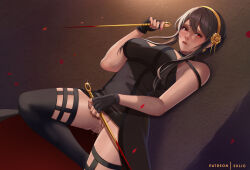 1girl artist_name bare_shoulders black_dress black_gloves black_hair black_panties black_thighhighs blood bloody_weapon breasts censored clothes_lift commentary dagger dress dress_lift dual_wielding dutch_angle exlic fingerless_gloves gloves holding holding_weapon knife lips mosaic_censoring no_panties nose panties pantyshot parted_lips patreon_username pussy pussy_juice red_eyes red_nails short_hair_with_long_locks solo spy_x_family stiletto_(weapon) strapless strapless_dress thighhighs two-sided_dress two-sided_fabric underwear weapon yor_briar