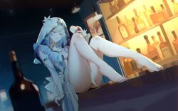 1girl armlet ass bar_(place) barefoot blue_dress blue_hair breasts chromatic_aberration cup dress drinking_glass feet heavy_chromatic_aberration highres holding holding_cup indoors jewelry knees_up long_hair looking_at_viewer medium_breasts nail_polish parted_lips purple_eyes purple_nails shorekeeper_(wuthering_waves) sitting sleeveless sleeveless_dress solo thighs toenail_polish toenails toes veil white_veil wuthering_waves yi_xin_(fjgy2754)