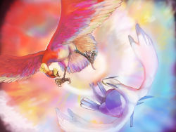 1990s_(style) aura bad_id bad_pixiv_id bird creature creatures_(company) flying game_freak gen_2_pokemon ho-oh legendary_pokemon lugia monster nintendo no_humans open_mouth phoenix pokemon pokemon_(creature) pokemon_gsc retro_artstyle yin_(yggdrasil_3)