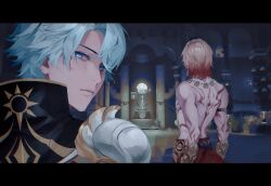 2boys armlet armor armored_gloves back_tattoo black_shirt blonde_hair blue_eyes chnl16031999 earrings gold_earrings gold_necklace gradient_hair hair_between_eyes hashtag-only_commentary highres honkai:_star_rail honkai_(series) jewelry looking_at_viewer looking_back male_focus medium_hair multicolored_hair multiple_boys mydei_(honkai:_star_rail) necklace pauldrons phainon_(honkai:_star_rail) red_hair red_tattoo shirt short_hair shoulder_armor single_pauldron sun_print tattoo waist_cape white_hair