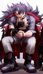 1boy black_footwear black_vest boots coat ear_piercing fur-trimmed_coat fur_trim genshin_impact grey_eyes grey_shirt hashtag-only_commentary highres licking_own_finger looking_at_viewer male_focus multicolored_hair muscular muscular_male necktie pectorals piercing shirt shokun_2 signature sitting unworn_necktie vest white_background wriothesley_(genshin_impact)