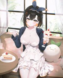 1girl black_hair black_jacket breasts cake cake_slice cleavage collarbone colored_inner_hair couch cup dress food hair_ornament hair_ribbon hairclip hibiwa highres holding holding_cup indoors jacket jewelry large_breasts long_sleeves looking_at_viewer multicolored_hair necklace open_clothes open_jacket orange_eyes orange_hair parfait parted_lips ribbon short_hair sitry_(vtuber) sitting solo strapless strapless_dress v-lup virtual_youtuber white_dress window