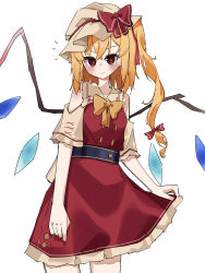 1girl absurdres ascot blonde_hair bow closed_mouth cowboy_shot crystal crystal_wings flandre_scarlet hat highres looking_at_viewer miraruuts1231 mob_cap puffy_short_sleeves puffy_sleeves red_eyes red_vest shirt short_sleeves side_ponytail simple_background skirt smile solo standing touhou vest white_background wings yellow_bow