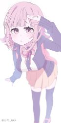 1girl blush breasts brown_skirt collared_shirt danganronpa_(series) danganronpa_2:_goodbye_despair flipped_hair highres hood jacket long_sleeves looking_at_viewer medium_hair nanami_chiaki neck_ribbon no_hair_ornament open_clothes open_jacket pink_eyes pink_ribbon pink_shoes pleated_skirt ribbon rrr_(0o73_rrr) shirt shoes skirt sleeves_past_wrists solo thighhighs two-tone_shirt white_background white_shirt