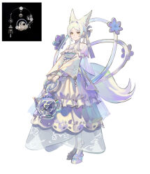 1girl absurdres animal_ears breasts dress earrings floating_earrings fox_ears fox_girl fox_tail full_body grey_ribbon grey_socks grin hair_bun hair_intakes hair_ribbon happy highres holding jewelry layered_dress layered_sleeves long_dress long_sleeves middle_part original photo_inset platform_sandals purple_sandals ribbon sandals see-through_dress_layer short_hair short_over_long_sleeves short_sleeves sidelocks simple_background small_breasts smile socks solo standing tail teapot toga_(toganawa) two-handed unfinished v_arms white_background white_dress white_hair white_tail wide_sleeves yellow_eyes