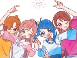 Rule 34 | 1boy, 3girls, :3, ;p, ahoge, arm up, asymmetrical bangs, asymmetrical hair, bare arms, blue eyes, blue hair, blue shirt, blue skirt, blunt bangs, bow, bowtie, brown hair, buttons, casual, closed mouth, commentary, denim, denim skirt, dot nose, eyelashes, green eyes, hair bow, hair bun, hair over one eye, happy, heart, height difference, high-waist skirt, hijiri ageha, hirogaru sky! precure, holding hands, interlocked fingers, leaning to the side, light blush, long hair, long sleeves, loose hair strand, multiple girls, nijigaoka mashiro, one eye closed, open mouth, orange hair, orange vest, outstretched arm, pink hair, pink shirt, precure, puffy long sleeves, puffy short sleeves, puffy sleeves, purple eyes, qianwa shi biao, sailor collar, shirt, short sleeves, side ponytail, simple background, single hair bun, skirt, smile, sora harewataru, standing, straight hair, swept bangs, t-shirt, tareme, teeth, tongue, tongue out, two-tone shirt, upper body, upper teeth only, v-neck, very long hair, vest, white background, white bow, white bowtie, white sailor collar, white shirt, wide sleeves, yellow bow, yuunagi tsubasa