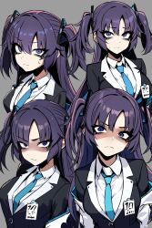 Rule 34 | 1girl, bags under eyes, black eyeliner, black eyeshadow, black shirt, blue archive, blue necktie, business suit, eyeliner, eyeshadow, formal clothes, frown, hair between eyes, hair ornament, highres, id card, long hair, long sleeves, looking at viewer, makeup, nagainegi, necktie, no halo, parted bangs, purple eyes, purple hair, scowl, shaded face, shirt, solo, suit, sweatdrop, triangle hair ornament, two side up, white shirt, yuuka (blue archive)