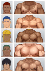 5boys absurdres armpit_hair armpit_hair_peek bara beard beard_stubble black_hair blonde_hair blue_hair buzz_cut chart chest_hair commentary_request dark-skinned_male dark_skin facial_hair gorou_naoki green_hair grey_background highres large_pectorals looking_at_viewer male_focus mature_male multiple_boys muscular muscular_male mustache_stubble nipples original paid_reward_available pectoral_focus pectorals portrait puffy_chest red_hair short_hair stubble tan tanline thick_eyebrows undercut veins veiny_arms very_short_hair