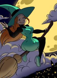 Rule 34 | 1girl, broom, broom riding, cloud, commentary, dress, english commentary, floating hair, full body, green dress, green hat, hat, highres, long hair, long sleeves, looking back, melusine (series), melusine anoukian, moon, orange hair, salute, signature, smile, solo, turtleneck, warren blakely, witch, witch hat