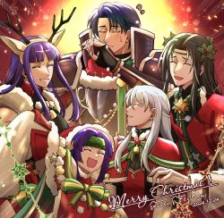 2boys 3girls alternate_costume altina_(fire_emblem) altina_(winter)_(fire_emblem) ancestor_and_descendant animal_ears antlers armor black_hair black_knight_(fire_emblem) black_knight_(winter)_(fire_emblem) blue_hair breasts cape capelet cleavage closed_eyes commentary dated deer_ears fake_animal_ears fake_horns fire_emblem fire_emblem:_path_of_radiance fire_emblem:_radiant_dawn fire_emblem_heroes fur-trimmed_cape fur_trim headband highres horns large_breasts long_hair medium_breasts merry_christmas micaiah_(fire_emblem) multiple_boys multiple_girls nintendo official_alternate_costume open_mouth parted_lips purple_hair reindeer_antlers sanaki_kirsch_altina sanaki_kirsch_altina_(winter) see-through_cleavage see-through_clothes sephiran_(fire_emblem) sephiran_(winter)_(fire_emblem) short_hair siblings sisters smile spoilers tellius_forever white_hair zelgius_(fire_emblem)