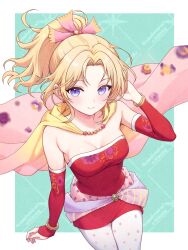 1girl absurdres bare_shoulders blonde_hair blue_background border breasts cape cleavage closed_mouth detached_sleeves dress earrings final_fantasy final_fantasy_vi highres jewelry long_hair long_sleeves looking_at_viewer outside_border pantyhose polka_dot_pantyhose ponytail purple_eyes red_dress revision smile solo tina_branford white_border yua_666666