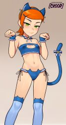 1girl animal_ears asymmetrical_bangs ben_10 blue_bow blue_bra blue_hairband blue_panties blue_thighhighs blue_wrist_cuffs blush bow bra breasts cameltoe cat_ears cat_lingerie cat_tail closed_mouth commentary covered_erect_nipples earrings english_commentary eyelashes fake_animal_ears feet_out_of_frame gluteal_fold gradient_background green_eyes grey_background gwen_tennyson hairband hands_up highres jewelry legs loodncrood looking_at_viewer medium_breasts meme_attire navel orange_hair over-kneehighs panties paw_pose side-tie_panties small_breasts smile solo stomach tail tail_bow tail_ornament thighhighs thighs underwear wrist_cuffs