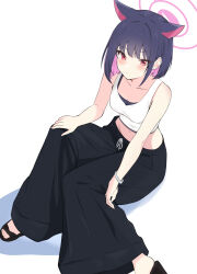 1girl absurdres alternate_costume animal_ears bell-bottoms black_pants blue_archive blush cat_ears collarbone colored_inner_animal_ears colored_inner_hair crop_top dot_nose extra_ears from_above halo hand_on_own_knee highres kazusa_(blue_archive) kurumi_kororin looking_at_viewer looking_up multicolored_hair navel pants pink_halo sandals simple_background sitting solo white_background