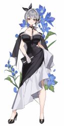 1girl absurdres black_choker black_dress black_eyes black_jacket black_shoes blue_flower breasts choker cleavage closed_mouth cocktail_dress commission dress flower full_body fur_trim gloves grey_hair hair_bun hair_ribbon high_heels highres holding jacket jacket_on_shoulders large_breasts looking_at_viewer oc_(jmgsjh) original ribbon sayan shoes short_hair smile solo standing strapless strapless_dress white_gloves