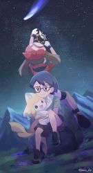 1boy 1girl bandana black-framed_eyewear black_hair brother_and_sister brown_hair closed_mouth gen_3_pokemon glasses gloves green_shirt highres holding holding_pokemon jirachi knees legendary_pokemon max_(pokemon) may_(pokemon) mei_(maysroom) mythical_pokemon night nintendo outdoors pokemon pokemon:_jirachi:_wish_maker pokemon_(anime) pokemon_(creature) pokemon_rse_(anime) red_bandana red_shirt shirt shoes short_hair short_sleeves shorts siblings sky smile star_(sky) white_gloves