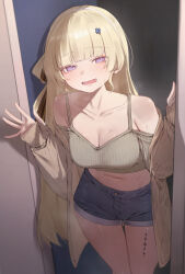 1girl bare_shoulders blonde_hair blurry blush breasts cleavage coat commentary crop_top denim denim_shorts english_commentary hair_ornament hands_up highres long_hair long_sleeves looking_at_viewer navel off_shoulder open_clothes open_coat open_mouth phoebe_(wuthering_waves) purple_eyes short_shorts shorts solo tacet_mark_(wuthering_waves) thighs very_long_hair waving_arm wuthering_waves x_hair_ornament xaea_xp