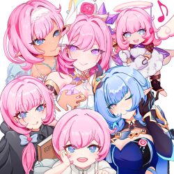 6+girls ;) aged_down angel_wings biting biting_ear black_boots black_cloak black_gloves blue_corset blue_eyes blue_hair book boots breasts chinese_commentary cleavage cloak commentary_request corset diamond-shaped_pupils diamond_(shape) dress elbow_gloves elf elf_elysia elysia_(herrscher_of_human:_ego)_(honkai_impact) elysia_(honkai_impact) elysia_(miss_pink_elf)_(honkai_impact) elysia_(summer_miss_elf)_(honkai_impact) eye_print gloves grabbing_another&#039;s_breast groping hai_ya_shiraha hair_ornament hairband halo herrscher_of_corruption highres holding holding_book holding_staff honkai_(series) honkai_impact_3rd jewelry large_breasts licking_lips long_hair multiple_girls multiple_persona musical_note necklace one_eye_closed open_mouth orange_eyes pointy_ears purple_eyes selfcest shell shell_necklace short_hair simple_background smile staff symbol-shaped_pupils tan tongue tongue_out triquetra white_background white_dress white_gloves white_hairband wings yuri