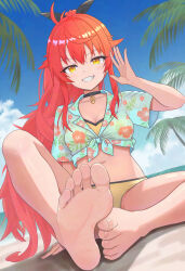 1girl absurdres antenna_hair bare_legs barefoot beach bikini black_choker breasts cermia_(epic_seven) cermia_(swimsuit_cermia)_(epic_seven) choker cleavage commentary_request day epic_seven feet floral_print floral_print_shirt front-tie_bikini_top front-tie_top grin hair_ribbon hand_up highres konjou long_hair looking_at_viewer navel official_alternate_costume orange_eyes orange_hair outdoors ponytail ribbon sitting small_breasts smile soles solo swimsuit toes very_long_hair yellow_bikini