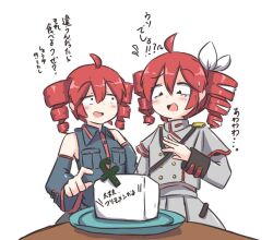 1koma 2girls ahoge bare_shoulders blue_shirt blue_sleeves bow box buttons comic commentary detached_sleeves dot_pupils double-breasted drill_hair dual_persona epaulettes food frimomen_(voicepeak) grey_jacket grey_skirt hair_bow jacket kasane_teto kasane_teto_(sv) kenno_(kenno9mp40) light_blush looking_at_another looking_at_object looking_down multiple_girls objectification open_mouth plate pleated_skirt pointing red_hair red_trim shirt short_hair skirt sleeveless sleeveless_shirt smile sweatdrop synthesizer_v table tearing_up tofu translated twin_drills uniform utau voicepeak white_bow wide-eyed
