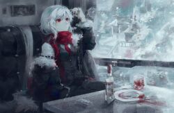 1girl arknights arm_belt black_pants black_vest blurry blurry_background bottle cup detached_sleeves dog_tags glint holding_dog_tags indoors long_sleeves necktie original pants plate red_eyes red_necktie red_scarf scarf sitting solo spill table vest white_hair window windworker