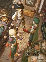 3boys ^_^ absurdres alternate_universe ankle_boots armillary_sphere bakugou_katsuki belt belt_buckle black_headwear blonde_hair blue_jacket boku_no_hero_academia bone book boots bottle briefcase broken brown_belt brown_footwear buckle buttons cabinet cape chinese_commentary closed_eyes clothing_request coin collared_shirt commentary_request cork creature_request cropped_jacket crystal cup display_case double-breasted facing_another fantasy flask framed_insect freckles from_above fur-trimmed_boots fur-trimmed_cape fur-trimmed_jacket fur-trimmed_pants fur_trim glass_shards gravy_boat green_cape green_hair grey_belt grey_footwear grey_pants grey_ribbon grey_vest hand_on_hilt hand_on_own_hip hands_up hat hat_ribbon headwear_request high-waist_pants high_collar highres holding holding_book hourglass indoors inkwell jacket jewelry kaminari_denki lantern legs_apart letter light_bulb looking_to_the_side male_focus midoriya_izuku multiple_belts multiple_boys necklace necktie no_shirt object_request official_alternate_costume open_book open_collar open_drawer open_hand open_mouth orange_belt outstretched_arm outstretched_hand pants pointing potion pouch quill red_cape red_eyes red_footwear red_necktie ribbon round-bottom_flask rug scar scar_on_chest shadow shelf shirt shop short_hair single_shoulder_pad skull smile spiked_hair spilling spine stairs standing table taxidermy teaspoon test_tube thigh_belt thigh_strap toned toned_male torn_cape torn_clothes turning_head vest watch watermark weibo_watermark white_shirt wing_collar wooden_floor ykkiyo