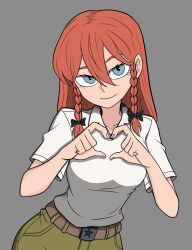 1girl alternate_costume belt blue_eyes blush bow braid breasts brown_belt chinese_commentary collarbone double-parted_bangs eyelashes green_pants grey_background grey_bow hair_between_eyes hair_bow highres hong_meiling long_hair looking_at_viewer medium_breasts mixed-language_commentary multiple_hair_bows pants red_hair redguard shirt short_sleeves simple_background smile solo touhou twin_braids white_shirt