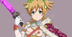 1girl blonde_hair condom condom_hair_ornament daiba_nana dildo dildo_sword earrings empty_eyes gloves green_eyes heart heart_earrings hyoumongozaru jewelry linked_piercings nipple_piercing nipples piercing sex_toy shoujo_kageki_revue_starlight solo used_condom