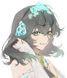 Rule 34 | 1girl, bare shoulders, bridal gauntlets, brown hair, detached collar, final fantasy, final fantasy xiv, from side, green eyes, highres, medium hair, mongusi, multicolored hair, portrait, simple background, smile, solo, sphene (ff14), tiara, tucking hair, two-tone hair, white background