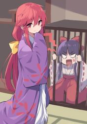 2girls :d anger_vein angry bow cage closed_mouth commentary_request hair_bow hakama hakama_pants hakurei_reimu hakurei_reimu_(pc-98) highres hiyaya_(kochi_michikaze) indoors japanese_clothes kimono kotohime_(touhou) layered_kimono long_hair long_sleeves looking_at_viewer multiple_girls open_mouth pants purple_hair purple_kimono red_bow red_eyes red_hair red_pants sidelocks sitting smile standing touhou touhou_(pc-98) very_long_hair wariza white_kimono wide_sleeves yellow_bow
