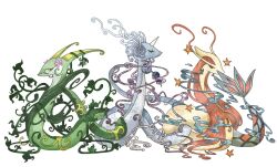 animal_focus antennae closed_mouth colored_sclera creatures_(company) dragonair game_freak gen_1_pokemon gen_3_pokemon gen_5_pokemon horns kanna_(kan419_k) leaf milotic nintendo no_humans pink_hair pink_sclera pokemon pokemon_(creature) red_eyes serperior simple_background single_horn snake white_background