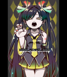 1girl :o alternate_eye_color alternate_hair_color arm_tattoo black_hair black_shirt black_skirt black_sleeves collared_shirt commentary_request detached_sleeves dot_nose film_grain fingernails hatsune_miku highres letterboxed long_hair long_sleeves multicolored_nails nail_polish necktie neko_7567 number_tattoo open_mouth pleated_skirt ringed_eyes shirt skirt sleeveless sleeveless_shirt solo tattoo twintails twitter_username very_long_hair vocaloid yellow_eyes yellow_necktie