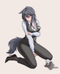 1girl absurdres alter_kamerade animal_ears arknights arm_under_breasts black_hair black_nails black_pants black_pantyhose black_shoes black_tail black_vest blush breasts character_name chinese_commentary closed_mouth collarbone commentary_request cup fingernails full_body grey_background hair_between_eyes hair_intakes hand_on_own_arm high_heels highres inset jewelry large_breasts long_hair long_sleeves looking_at_viewer mug multicolored_eyes nail_polish official_art_inset pants pantyhose partial_commentary purple_eyes ring shirt shoes simple_background sitting solo spill tail texas_(arknights) two-tone_eyes variant_set vest wariza white_shirt wolf_ears wolf_girl wolf_tail yellow_eyes