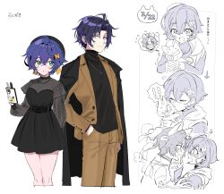 ! !! 1boy 1girl absurdres alternate_costume animal animal_ears arm_behind_back arrow_(symbol) asaba_harumasa asaba_harumasa_(cat) belle_(zenless_zone_zero) black_coat black_dress black_hair black_sweater blue_eyes blue_hair blush breasts brown_jacket brown_pants cat cat_day cat_ears choker closed_eyes closed_mouth coat coat_on_shoulders dress flying_sweatdrops hair_ornament hand_in_pocket headband heart hetero highres holding holding_animal holding_cat jacket jewelry long_sleeves multiple_views necklace open_mouth pants parted_lips short_hair simple_background smartphone_case sweat sweater turtleneck turtleneck_sweater white_background yellow_eyes yuchizero zenless_zone_zero