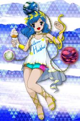 1girl alternate_costume blue_background blue_hair blue_shorts blush_stickers chain commentary earth_(ornament) flat_chest food full_body hecatia_lapislazuli hecatia_lapislazuli_(earth) highres holding holding_ice_cream_cone ice_cream ice_cream_cone laurel_crown looking_at_viewer medium_hair moon_(ornament) multicolored_shorts official_style open_mouth parody pink_shorts plaid_clothes plaid_shorts primary_dragon sandals shorts smile snake solo style_parody symbol-only_commentary tank_top touhou underworld_(ornament) white_tank_top yellow_sandals zun_(style)