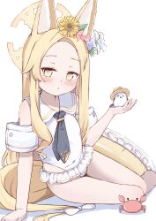 1girl absurdres adapted_costume animal_ear_fluff animal_ears bird blonde_hair blue_archive blue_necktie casual_one-piece_swimsuit covered_navel cross_halo forehead fox_ears fox_girl fox_tail halo highleg highleg_one-piece_swimsuit highres kyouwashi loli long-tailed_tit long_hair looking_at_viewer necktie one-piece_swimsuit seia_(blue_archive) simple_background solo swimsuit swimsuit_skirt tail tit_(bird) white_background white_one-piece_swimsuit yellow_eyes yellow_halo