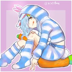 Rule 34 | 1girl, animal ear fluff, animal ears, animal hood, blue hair, border, braid, carrot hair ornament, closed mouth, commentary request, fake animal ears, food-themed hair ornament, hair ornament, highres, hololive, hood, hood up, hoodie, kiritoma, knees up, long hair, loose socks, no shoes, pink background, purple border, rabbit ears, rabbit hood, red eyes, short shorts, shorts, sitting, socks, solo, striped clothes, striped hoodie, striped shorts, striped socks, tongue, tongue out, twin braids, twintails, twitter username, usada pekora, very long hair, virtual youtuber